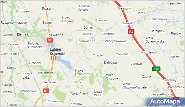 mapa Czaple gmina Lubień Kujawski, Czaple gmina Lubień Kujawski na mapie Targeo