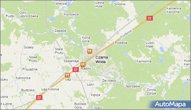 mapa Czarna Woda powiat starogardzki, Czarna Woda powiat starogardzki na mapie Targeo