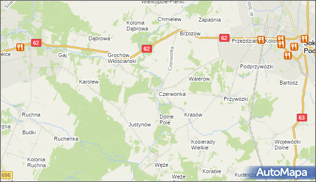 mapa Czerwonka gmina Sokołów Podlaski, Czerwonka gmina Sokołów Podlaski na mapie Targeo