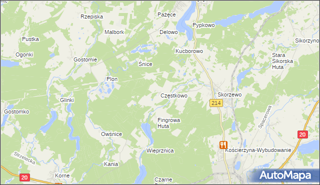 mapa Częstkowo gmina Kościerzyna, Częstkowo gmina Kościerzyna na mapie Targeo