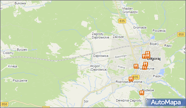 mapa Dąbrowica gmina Biłgoraj, Dąbrowica gmina Biłgoraj na mapie Targeo