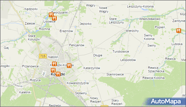 mapa Długie gmina Koluszki, Długie gmina Koluszki na mapie Targeo