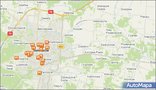 mapa Dobiecin gmina Bełchatów, Dobiecin gmina Bełchatów na mapie Targeo