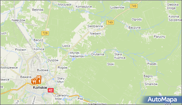 mapa Drutarnia gmina Końskie, Drutarnia gmina Końskie na mapie Targeo