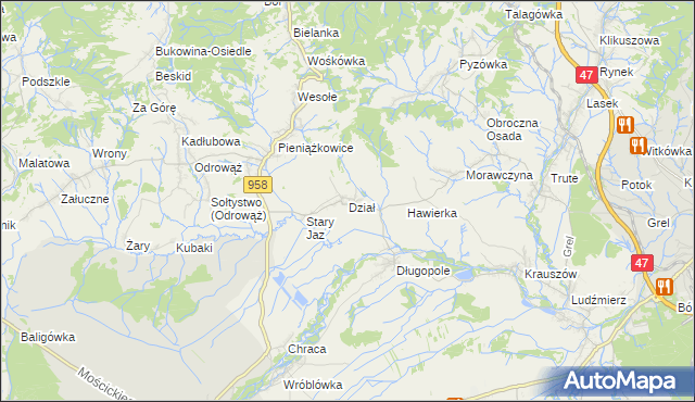 mapa Dział gmina Czarny Dunajec, Dział gmina Czarny Dunajec na mapie Targeo