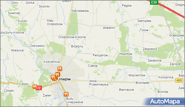 mapa Felicjanów gmina Uniejów, Felicjanów gmina Uniejów na mapie Targeo