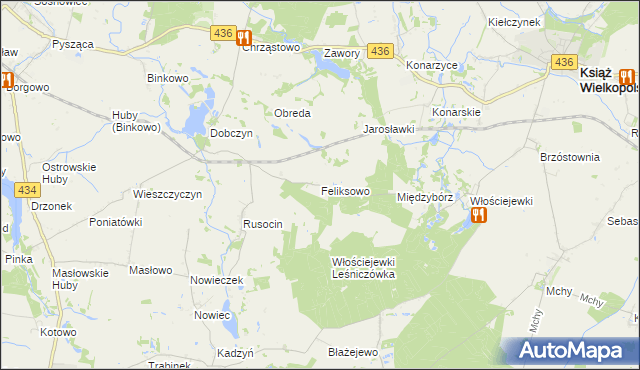 mapa Feliksowo gmina Książ Wielkopolski, Feliksowo gmina Książ Wielkopolski na mapie Targeo