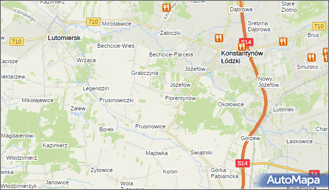 mapa Florentynów gmina Lutomiersk, Florentynów gmina Lutomiersk na mapie Targeo