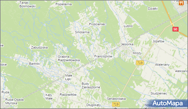 mapa Franciszków gmina Wiskitki, Franciszków gmina Wiskitki na mapie Targeo