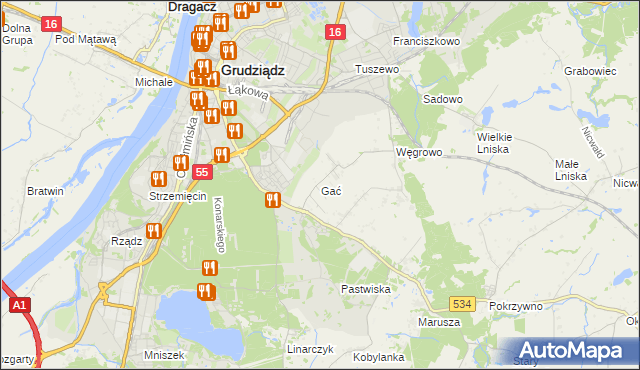 mapa Gać gmina Grudziądz, Gać gmina Grudziądz na mapie Targeo