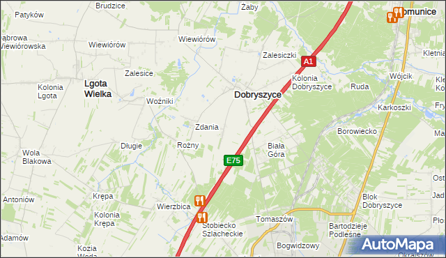 mapa Galonki gmina Dobryszyce, Galonki gmina Dobryszyce na mapie Targeo