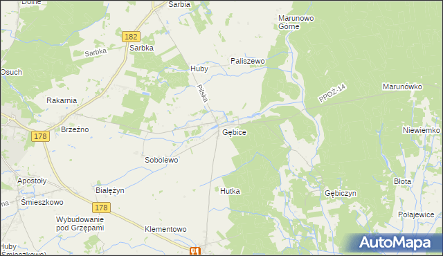 mapa Gębice gmina Czarnków, Gębice gmina Czarnków na mapie Targeo