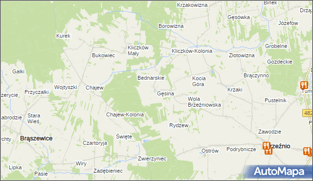 mapa Gęsina gmina Brzeźnio, Gęsina gmina Brzeźnio na mapie Targeo