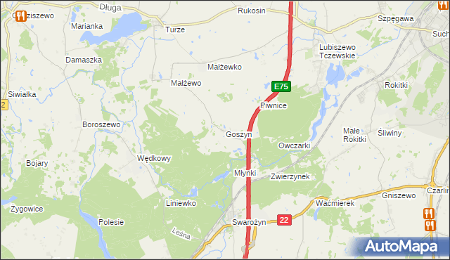 mapa Goszyn gmina Tczew, Goszyn gmina Tczew na mapie Targeo