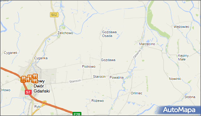 mapa Gozdawa gmina Nowy Dwór Gdański, Gozdawa gmina Nowy Dwór Gdański na mapie Targeo