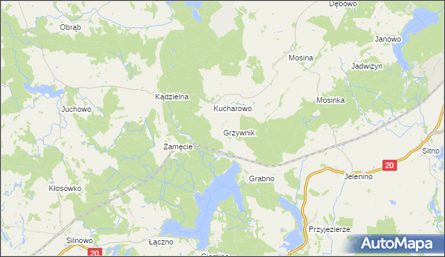 mapa Grzywnik gmina Borne Sulinowo, Grzywnik gmina Borne Sulinowo na mapie Targeo