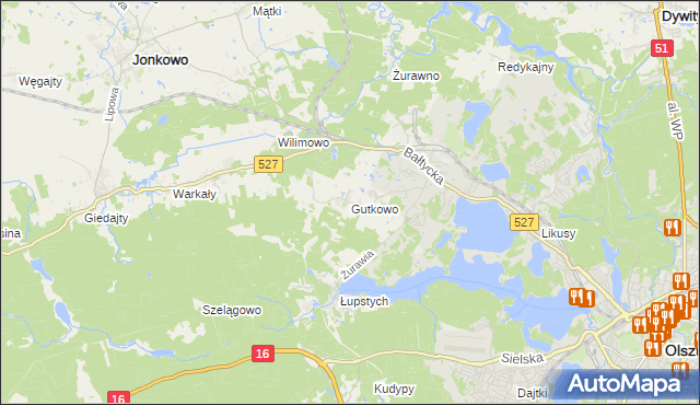 mapa Gutkowo gmina Jonkowo, Gutkowo gmina Jonkowo na mapie Targeo