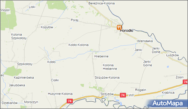 mapa Hrebenne gmina Horodło, Hrebenne gmina Horodło na mapie Targeo
