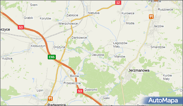 mapa Jakubów gmina Radwanice, Jakubów gmina Radwanice na mapie Targeo
