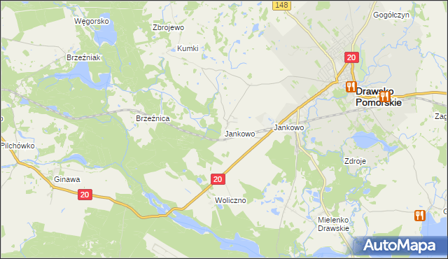 mapa Jankowo gmina Drawsko Pomorskie, Jankowo gmina Drawsko Pomorskie na mapie Targeo