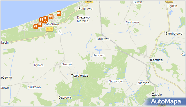 mapa Janowo gmina Karnice, Janowo gmina Karnice na mapie Targeo