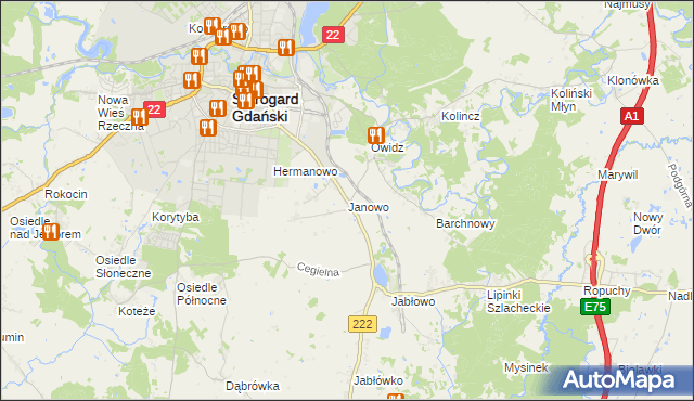 mapa Janowo gmina Starogard Gdański, Janowo gmina Starogard Gdański na mapie Targeo