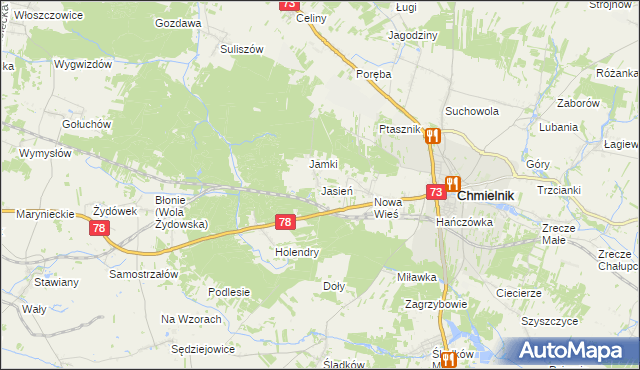 mapa Jasień gmina Chmielnik, Jasień gmina Chmielnik na mapie Targeo