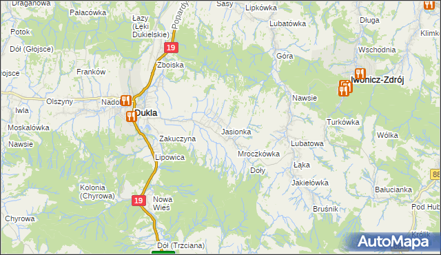 mapa Jasionka gmina Dukla, Jasionka gmina Dukla na mapie Targeo