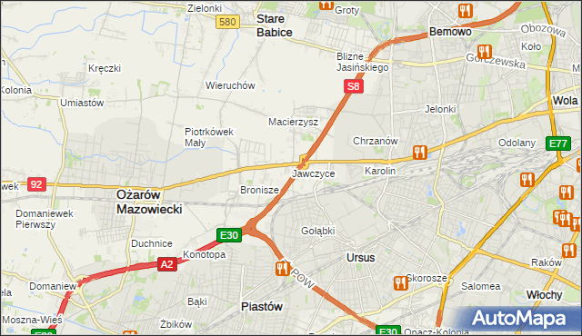 mapa Jawczyce gmina Ożarów Mazowiecki, Jawczyce gmina Ożarów Mazowiecki na mapie Targeo