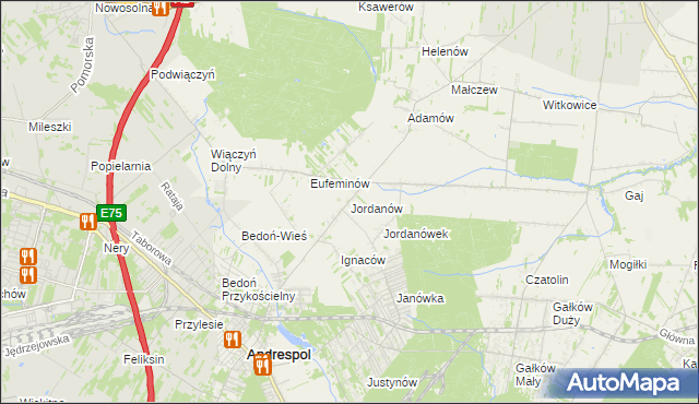 mapa Jordanów gmina Brzeziny, Jordanów gmina Brzeziny na mapie Targeo