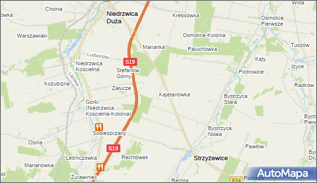 mapa Kajetanówka gmina Strzyżewice, Kajetanówka gmina Strzyżewice na mapie Targeo