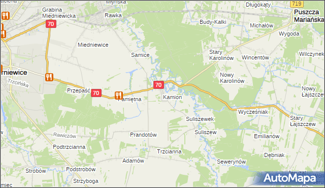 mapa Kamion gmina Puszcza Mariańska, Kamion gmina Puszcza Mariańska na mapie Targeo