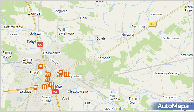 mapa Karwacz gmina Łuków, Karwacz gmina Łuków na mapie Targeo