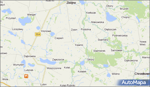 mapa Kawno gmina Chrostkowo, Kawno gmina Chrostkowo na mapie Targeo