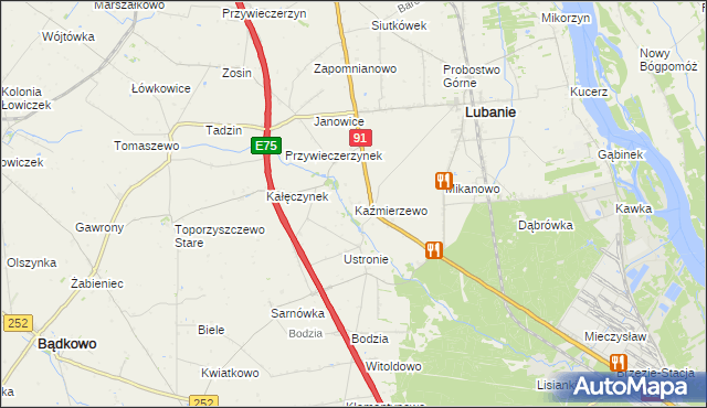 mapa Kaźmierzewo gmina Lubanie, Kaźmierzewo gmina Lubanie na mapie Targeo