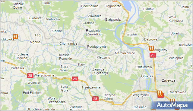 mapa Klęczany gmina Chełmiec, Klęczany gmina Chełmiec na mapie Targeo