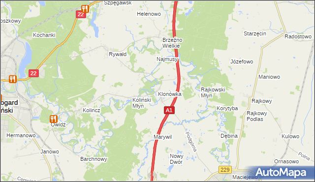 mapa Klonówka gmina Starogard Gdański, Klonówka gmina Starogard Gdański na mapie Targeo