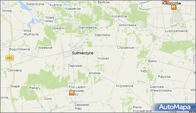 mapa Kodrań gmina Sulmierzyce, Kodrań gmina Sulmierzyce na mapie Targeo