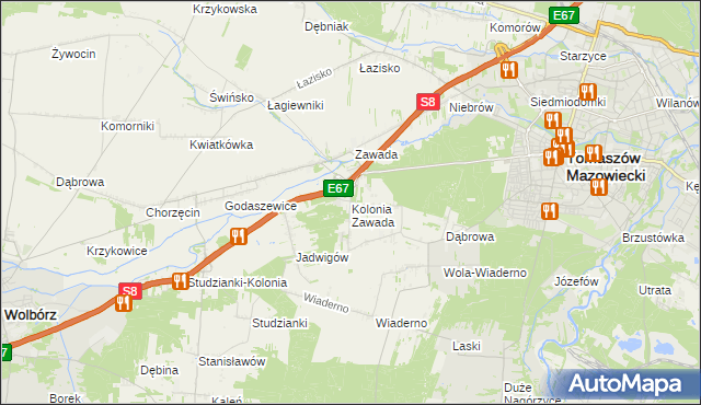 mapa Kolonia Zawada gmina Tomaszów Mazowiecki, Kolonia Zawada gmina Tomaszów Mazowiecki na mapie Targeo