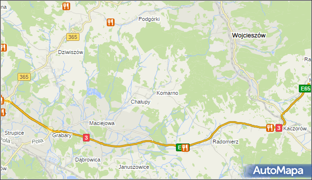 mapa Komarno gmina Janowice Wielkie, Komarno gmina Janowice Wielkie na mapie Targeo