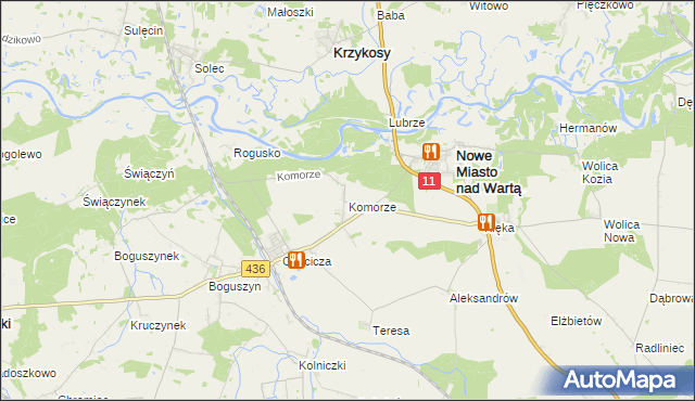 mapa Komorze gmina Nowe Miasto nad Wartą, Komorze gmina Nowe Miasto nad Wartą na mapie Targeo