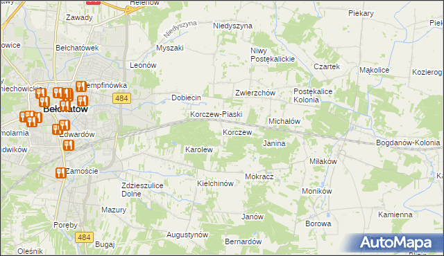 mapa Korczew gmina Bełchatów, Korczew gmina Bełchatów na mapie Targeo