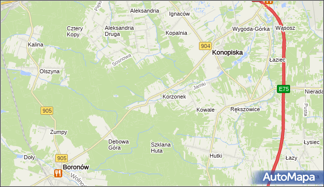 mapa Korzonek gmina Konopiska, Korzonek gmina Konopiska na mapie Targeo