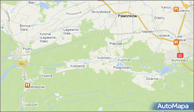 mapa Kośmidry gmina Pawonków, Kośmidry gmina Pawonków na mapie Targeo