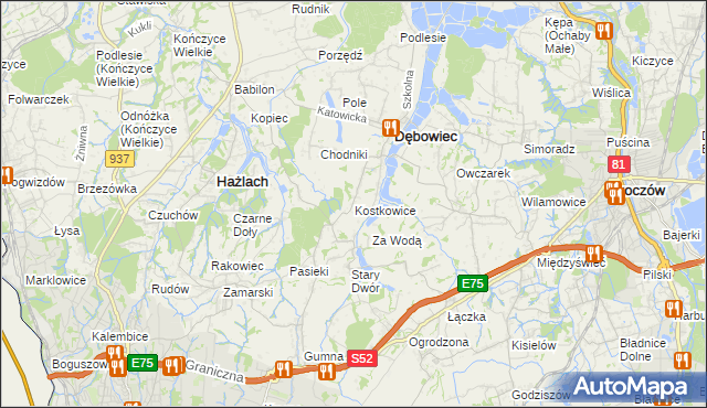 mapa Kostkowice gmina Dębowiec, Kostkowice gmina Dębowiec na mapie Targeo