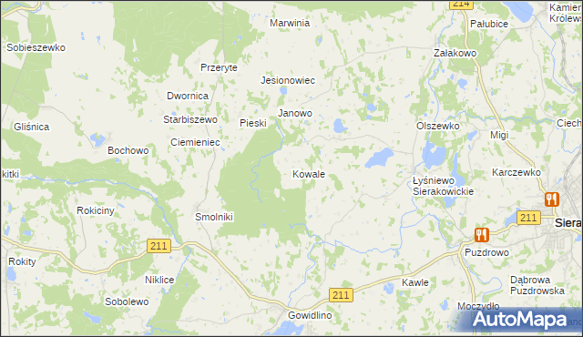 mapa Kowale gmina Sierakowice, Kowale gmina Sierakowice na mapie Targeo