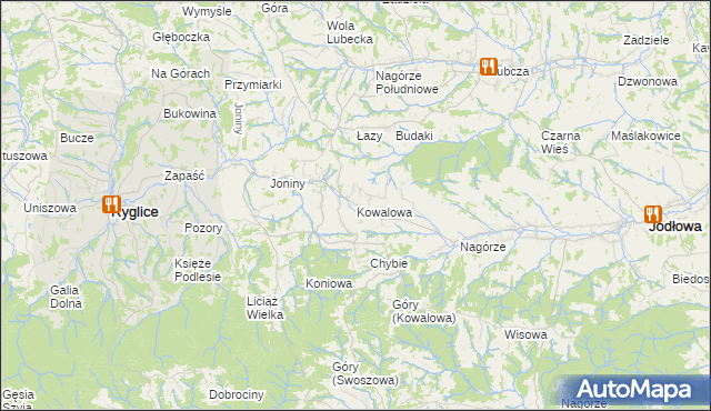 mapa Kowalowa gmina Ryglice, Kowalowa gmina Ryglice na mapie Targeo