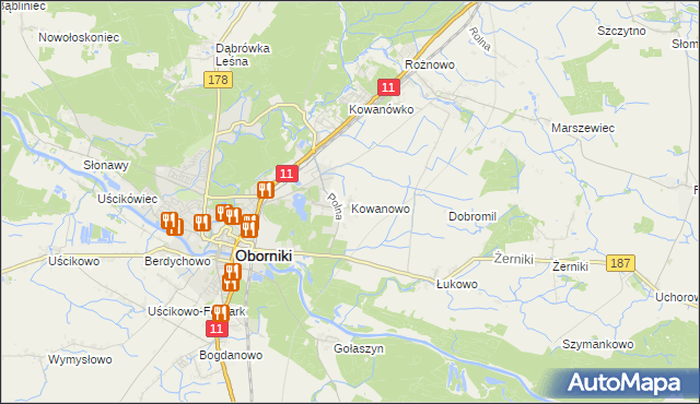 mapa Kowanowo gmina Oborniki, Kowanowo gmina Oborniki na mapie Targeo