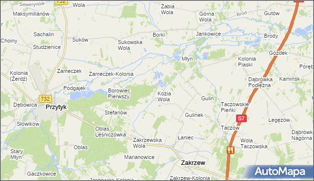 mapa Kozia Wola gmina Zakrzew, Kozia Wola gmina Zakrzew na mapie Targeo