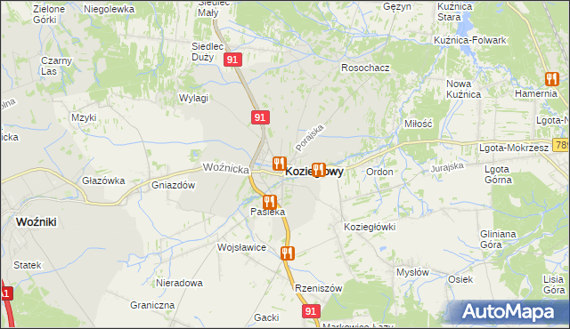 mapa Koziegłowy powiat myszkowski, Koziegłowy powiat myszkowski na mapie Targeo